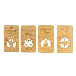 Carte publicitaire bois boule de Noël détachable fabriquée en France