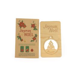 Carte publicitaire bois boule de Noël détachable fabriquée en France