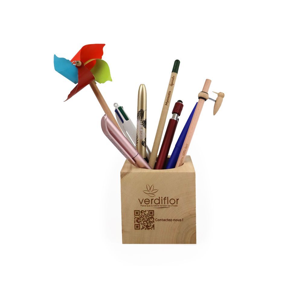 Pot publicitaire à crayon cube bois