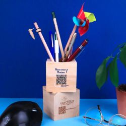 Pot publicitaire à crayon cube bois