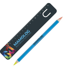 Kit de bureau personnalisé crayon fluo bi-couleur en bois marque page et règle Made in France