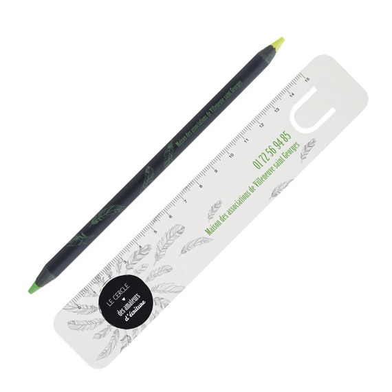 Kit de bureau personnalisé crayon en bois noir fluo bi-couleur marque page et règle