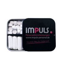 Boîte coulissante publicitaire avec séparation pastille et chewing-gum