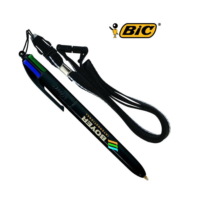 Stylo bic 4 couleurs noir personnalisé lanyard