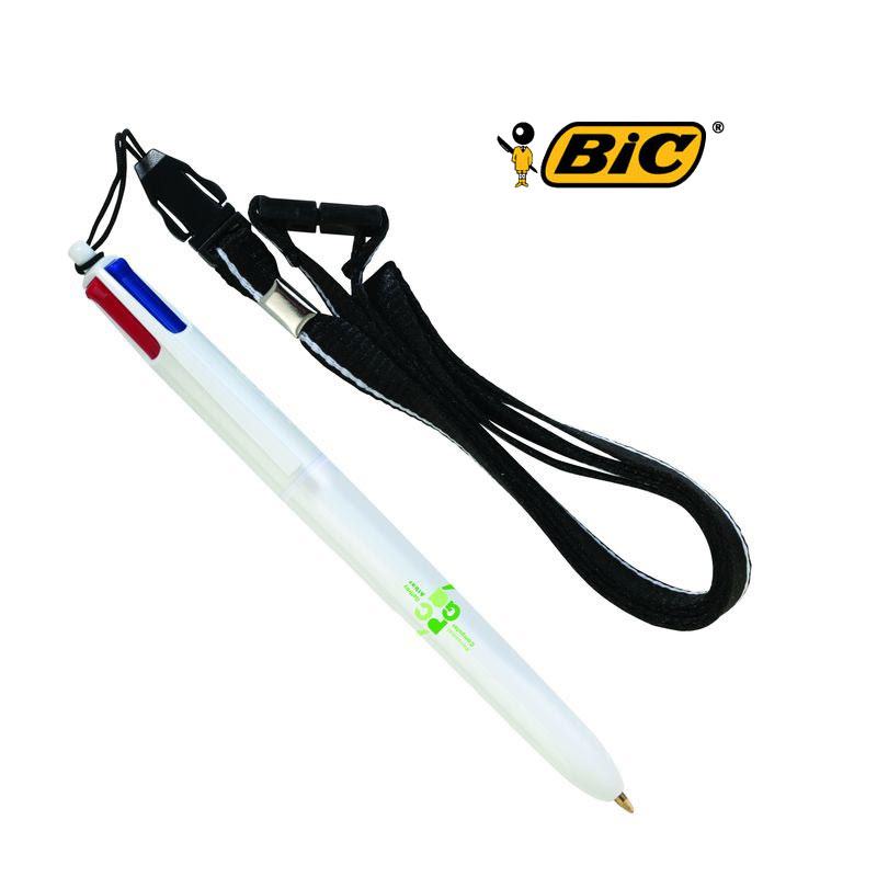 stylo bic 4 couleurs publicitaire blanc lanyard